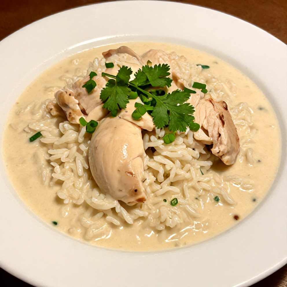 Creamy Coconut Chicken Brothy Rice plated with fresh herbs