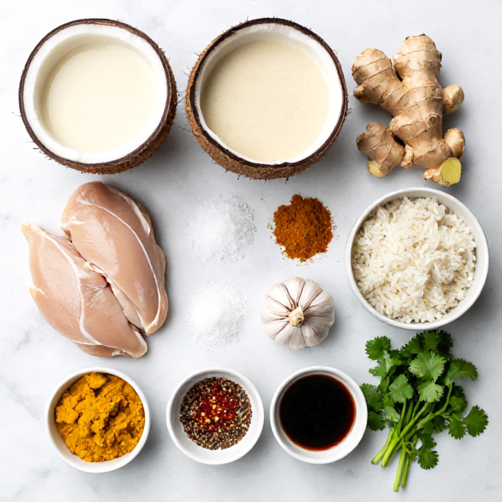Raw ingredients for creamy coconut chicken brothy rice on a white marble surface