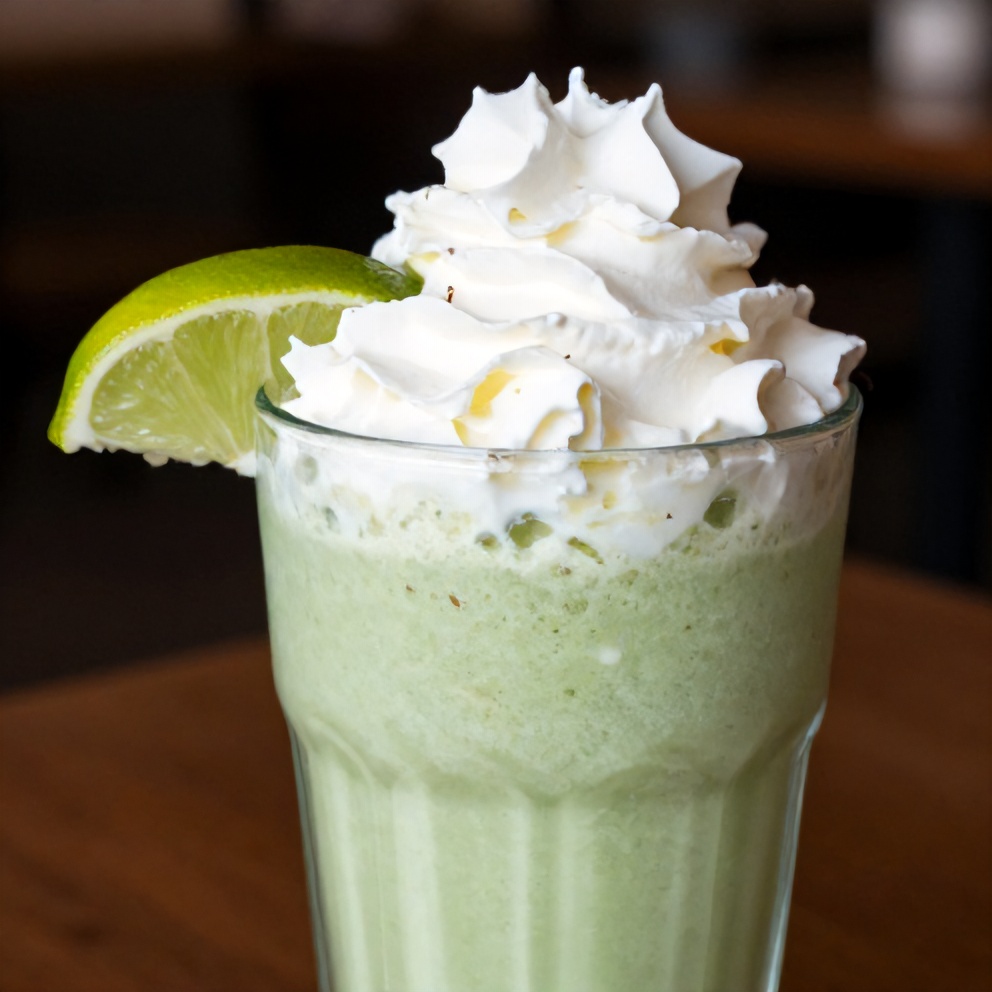Coconut Key Lime Pie Smoothie with whipped cream and lime wedge