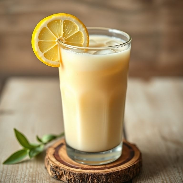 Close up of creamy condensed milk lemonade garnished with a lemon slice in a glass on wooden surface