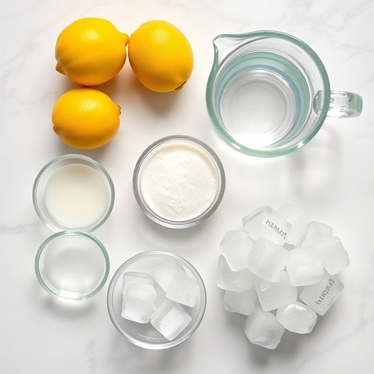 Raw ingredients for creamy condensed milk lemonade including fresh lemons, condensed milk, water, ice cubes, and sugar in small bowls