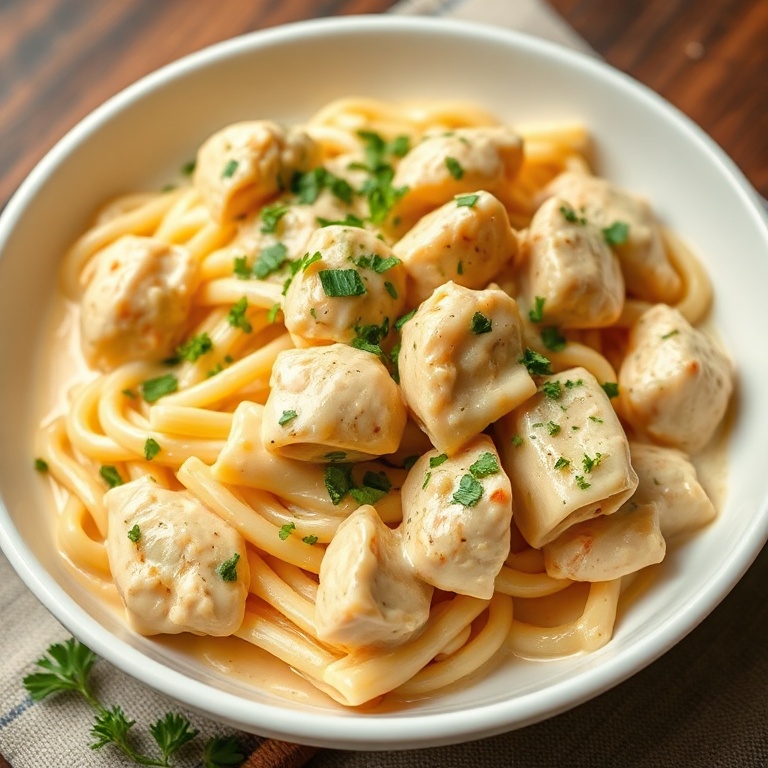 Plated creamy cowboy butter chicken pasta garnished with fresh parsley in a white shallow bowl with warm side lighting
