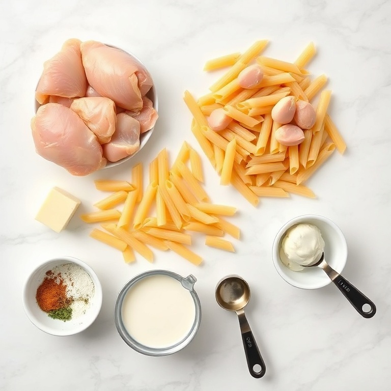 Overhead view of raw chicken, penne pasta, butter, garlic, and cream arranged with measuring cups on white marble surface
