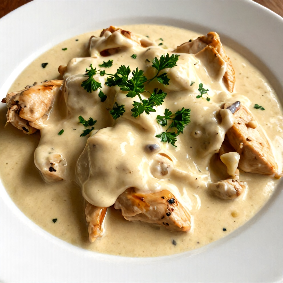 Plated serving of Creamy Crockpot Marry Me Chicken on a dinner plate, garnished with fresh parsley
