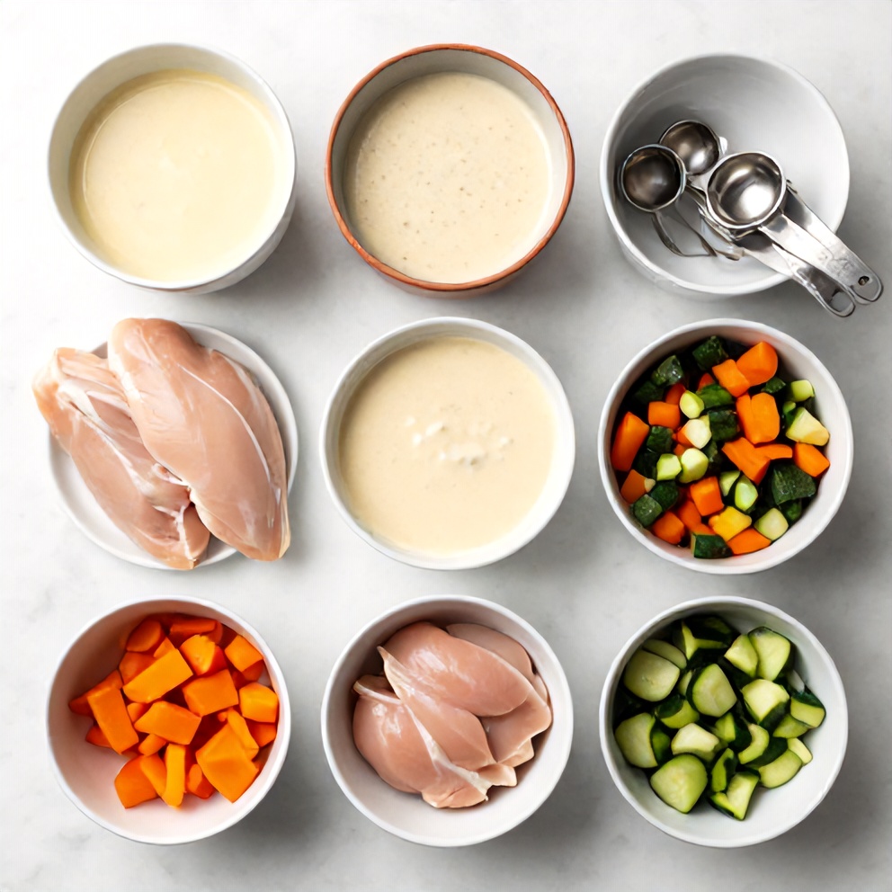 Raw ingredients for Creamy Crockpot Marry Me Chicken arranged in an overhead flat lay, including chicken breasts, cream of chicken soup, and mixed vegetables