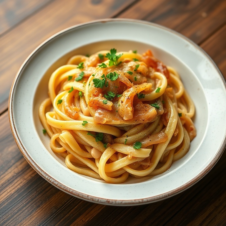 Close-up of a plated serving of creamy french onion pasta garnished with fresh parsley in a white bowl with warm side light
