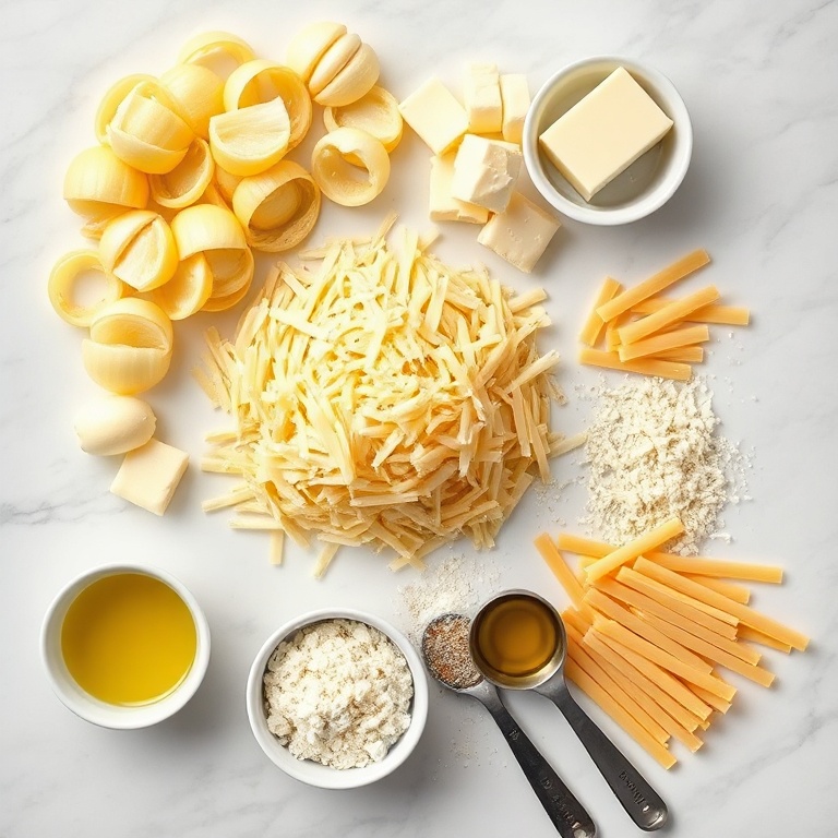 Overhead flat lay of raw ingredients including onions, grated gruyere, parmesan cheese, butter, and pasta on a white marble surface with measuring spoons