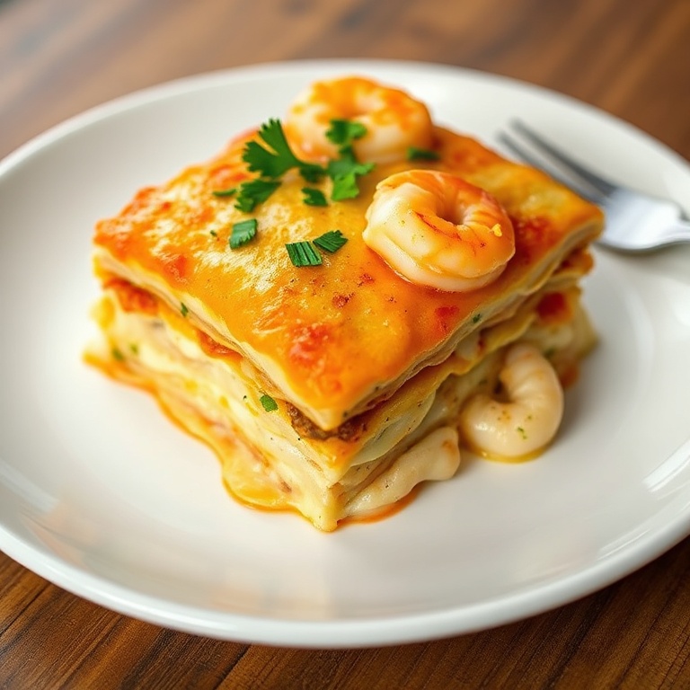 Plated creamy garlic butter shrimp lasagna garnished with fresh parsley