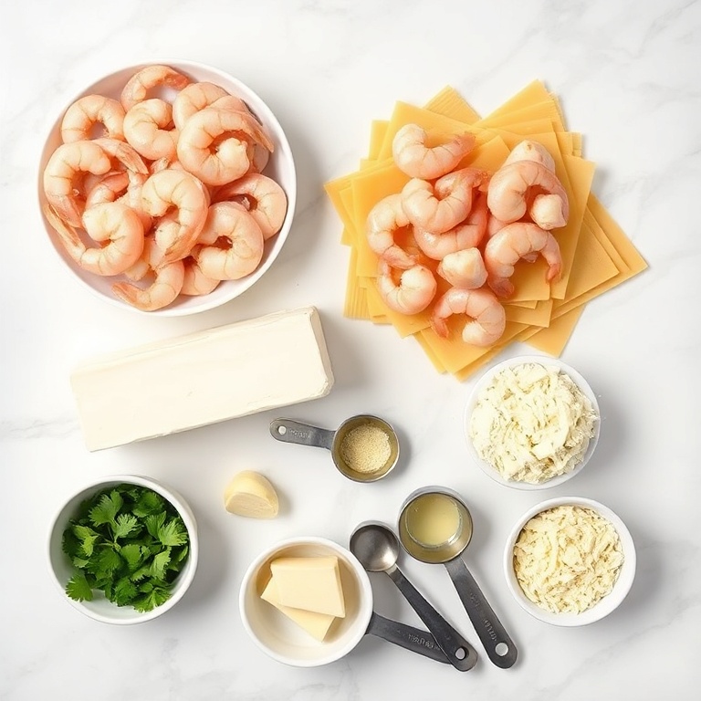 Raw ingredients for creamy garlic butter shrimp lasagna including shrimp, lasagna noodles, cream cheese, garlic, and parmesan