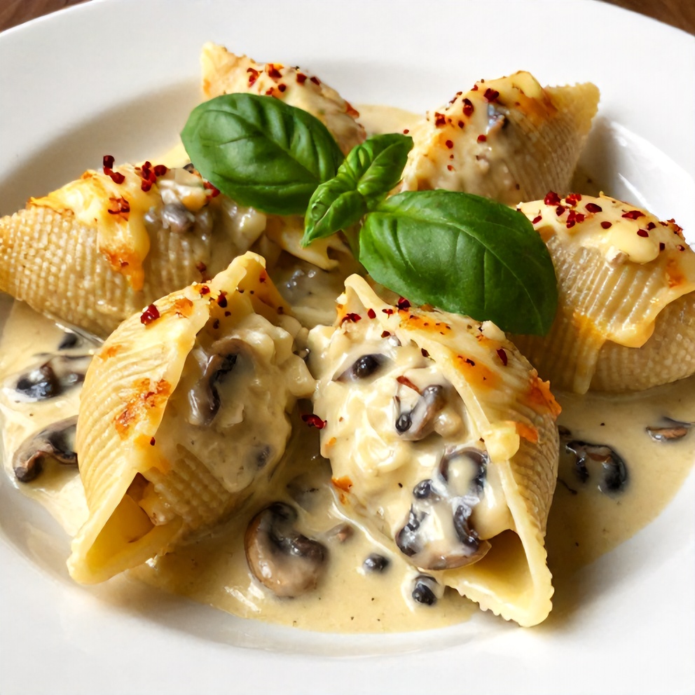 Plated Creamy Garlic Mushroom Stuffed Shells