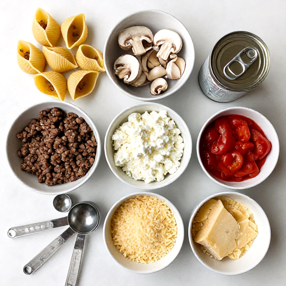 Raw ingredients for Creamy Garlic Mushroom Stuffed Shells