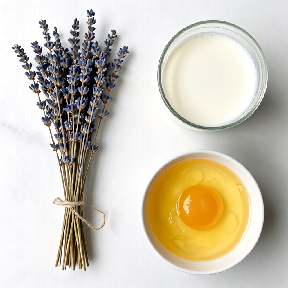 Honey, dried lavender, heavy cream, and other ingredients for Honey Lavender Ice Cream