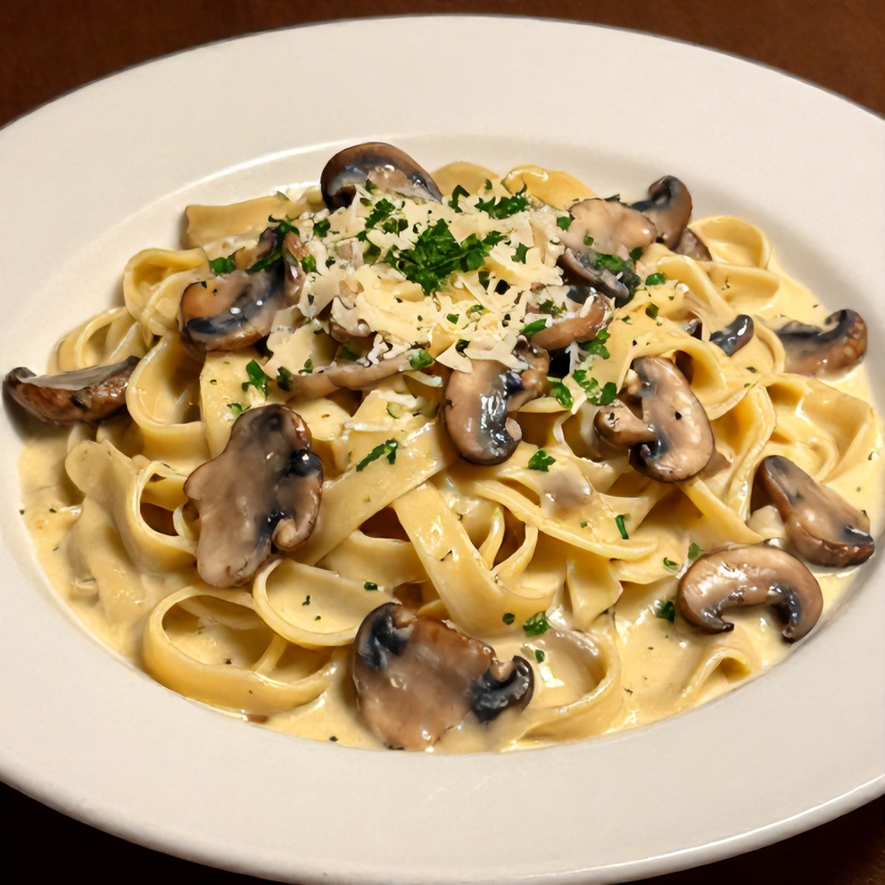 Finished Creamy Italian Mushroom Carbonara on a plate