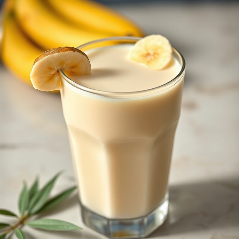 Served Korean banana milk garnished with a banana slice on white glass
