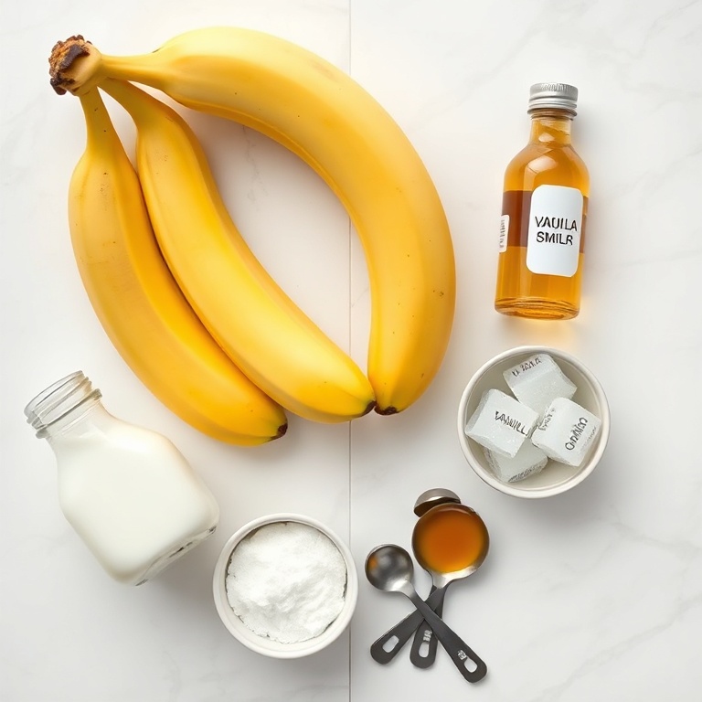 Overhead view of bananas, milk, sugar, vanilla extract, and ice cubes with measuring spoons