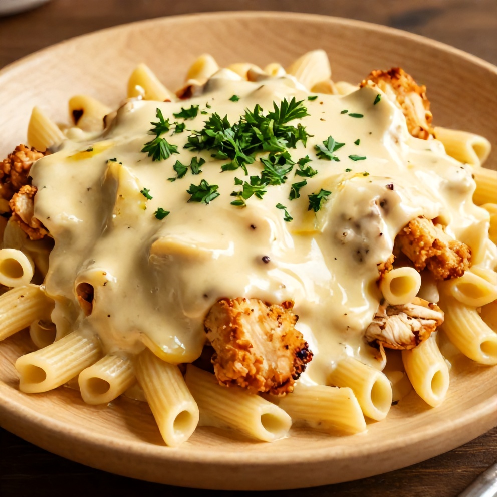 One perfect plated serving of Creamy Lemon Chicken Pasta Bake, garnished with fresh parsley, on a light wooden plate, close crop, warm side lighting highlighting the creamy sauce and crispy chicken