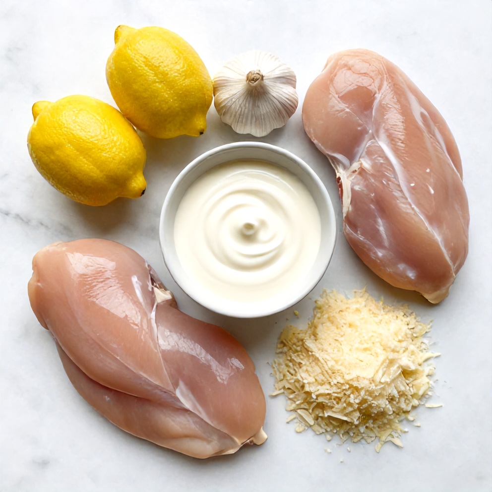 Raw ingredients for Creamy Lemon Chicken Pasta Bake arranged in an overhead flat lay, including chicken breasts, lemon, garlic, heavy cream, and parmesan cheese, on a white marble surface with bright even light