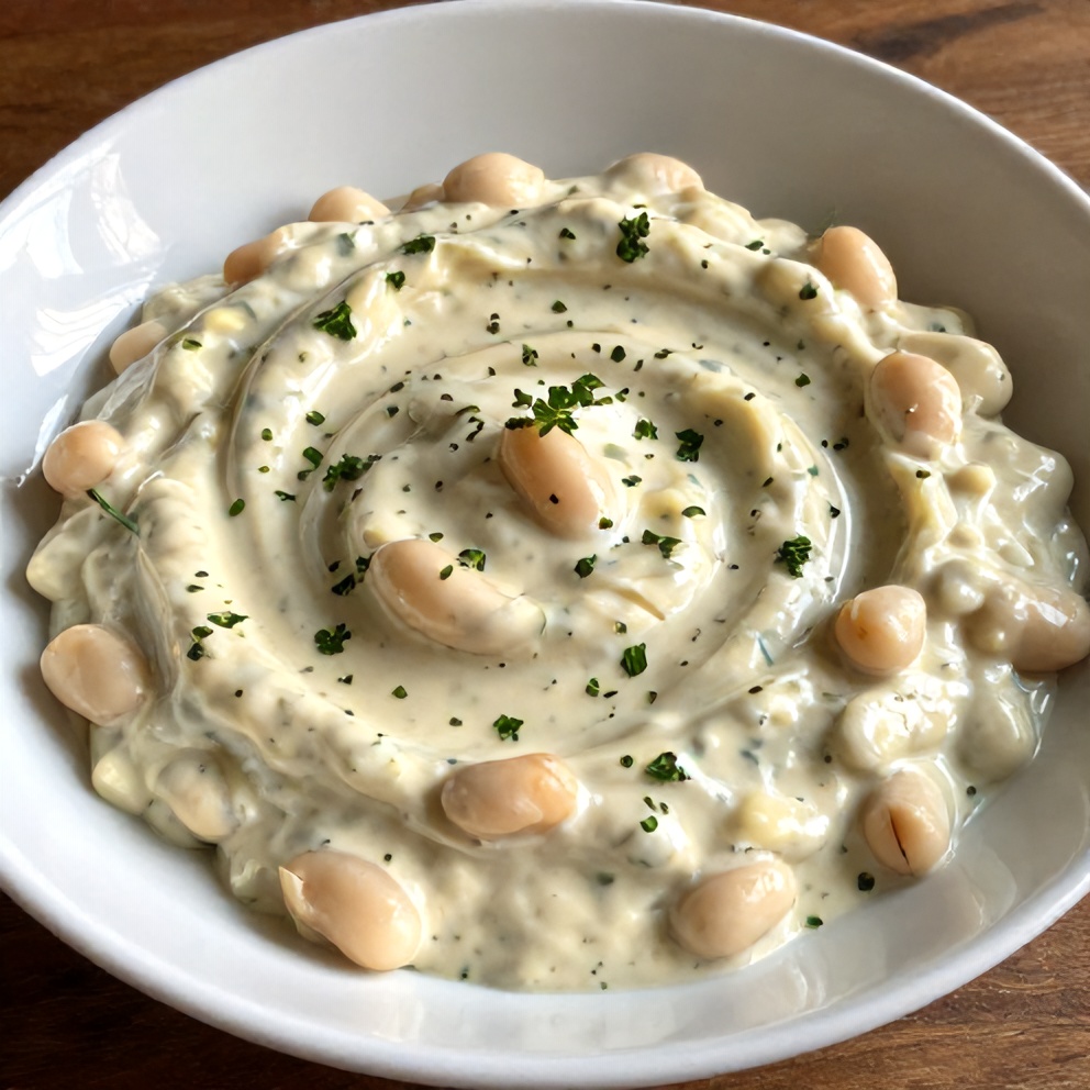 One perfect serving of Creamy Lemon Herb White Bean Dip plated on a white dish, garnished with fresh herbs, warm side lighting highlighting the creamy texture.