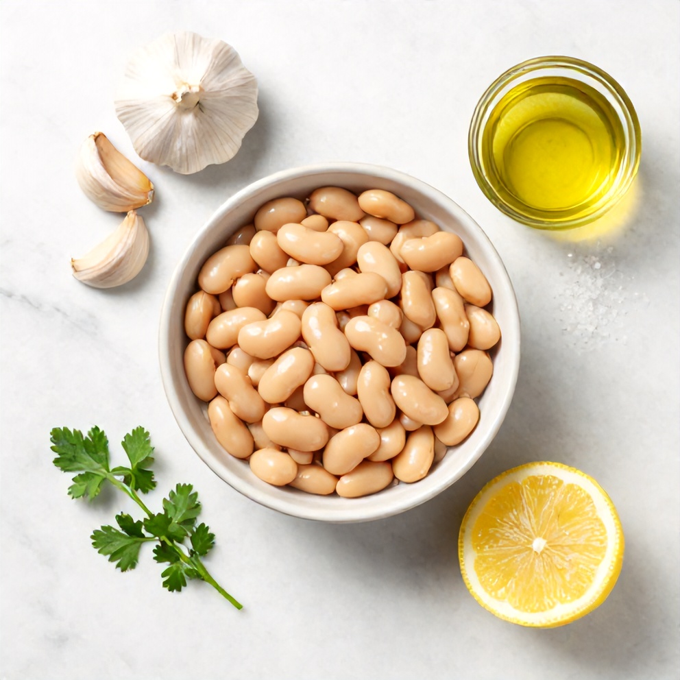 Overhead flat lay of canned white beans, garlic cloves, fresh lemon, fresh herbs, olive oil, and salt, on a white marble surface under bright even light.