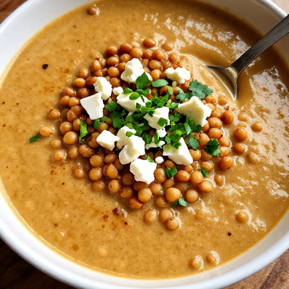 Bowl of Creamy Moroccan Harissa Lentil Soup with a spoon