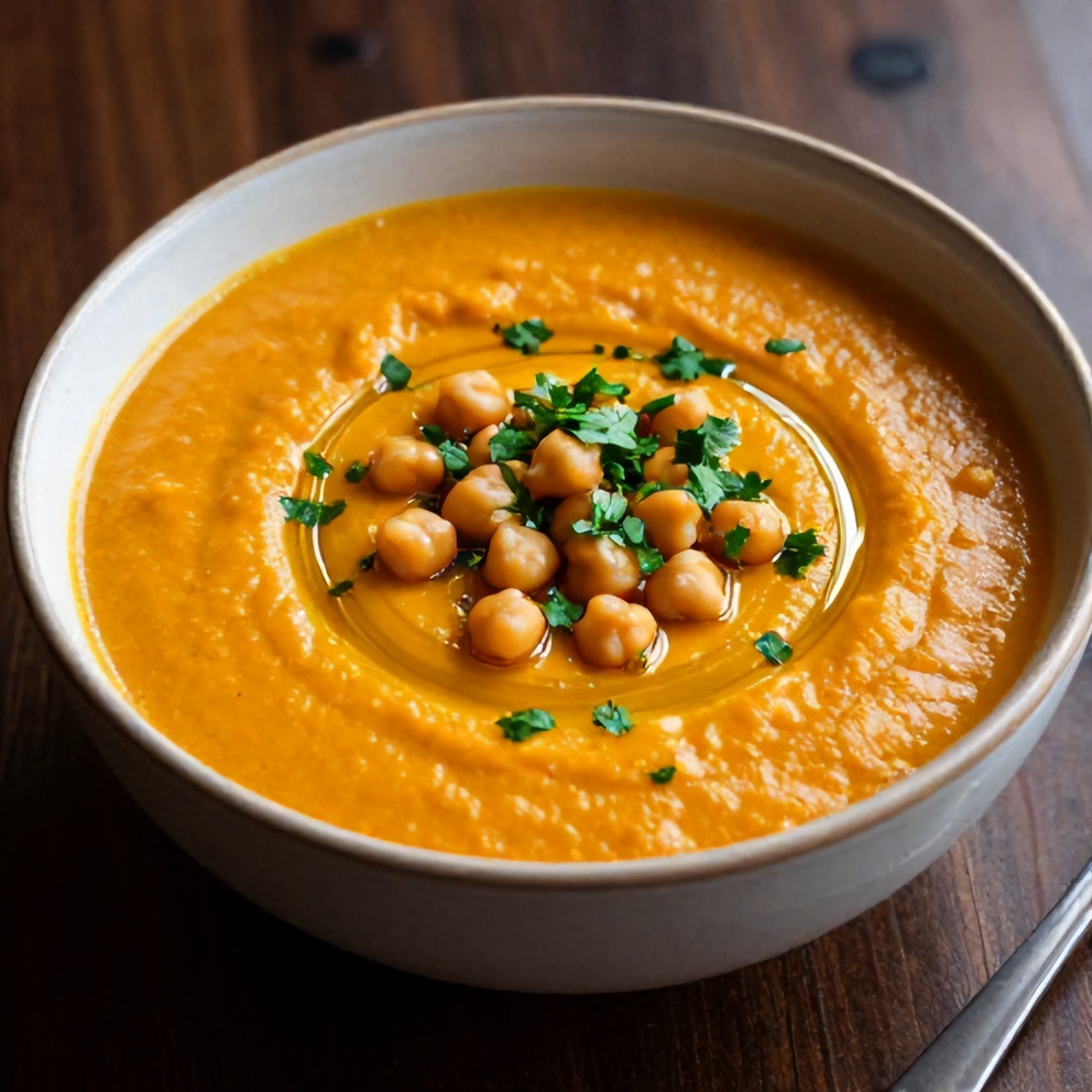 Final serving of Creamy Moroccan Sweet Potato Soup with Chickpeas