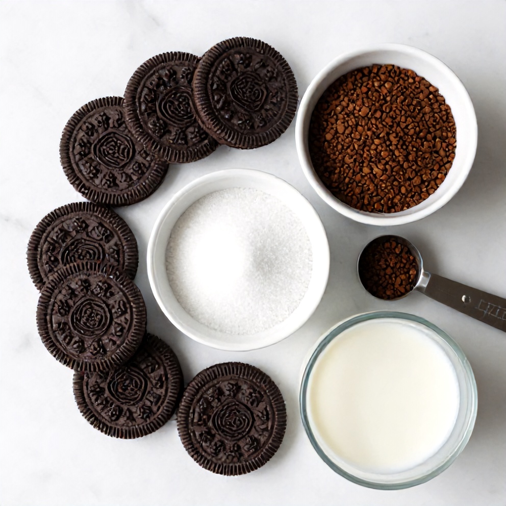 Oreo cookies, instant coffee, sugar, and milk for Oreo Dalgona Coffee