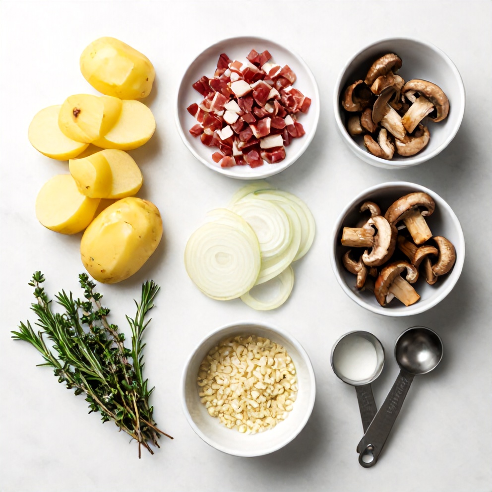 Raw ingredients for Creamy Pancetta Porcini Potato Gratin