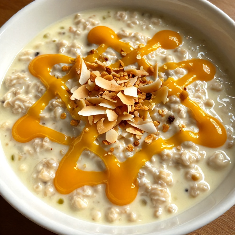 Pandan Coconut Overnight Oats with Mango Drizzle