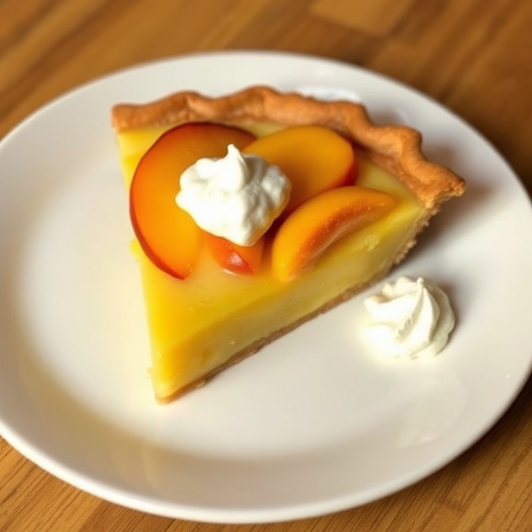 A single slice of Peach Custard Pie with a golden crust, smooth custard, and fresh peach slices. Served on a ceramic plate with a small dollop of whipped cream.