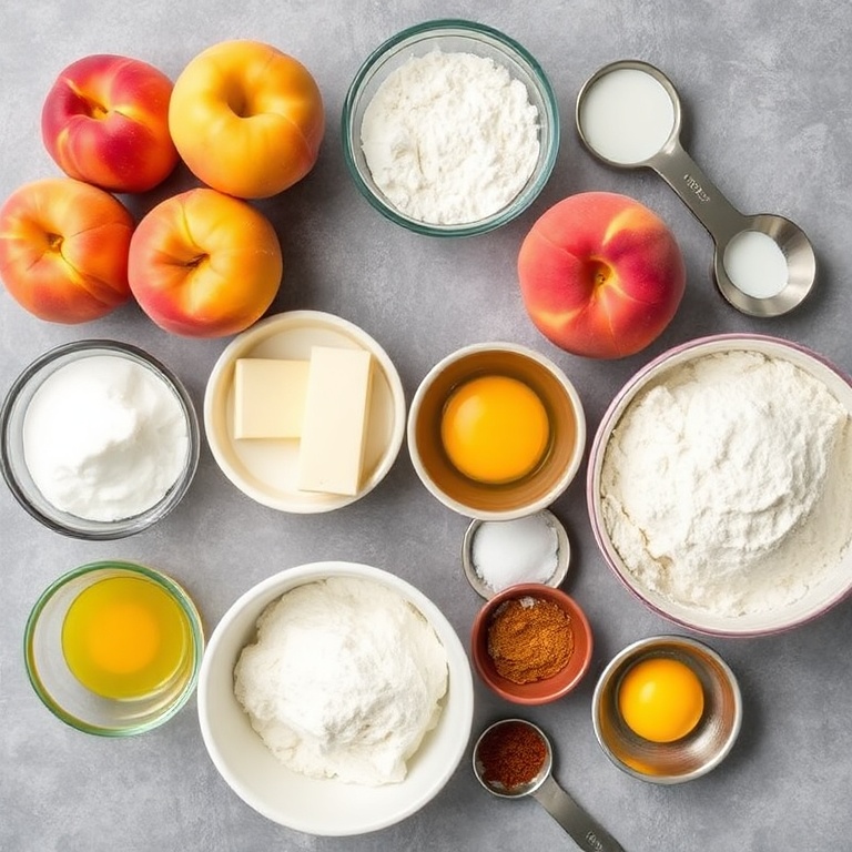 Raw ingredients for Peach Custard Pie: fresh peaches, flour, sugar, eggs, butter, and spices arranged in an overhead flat lay. Measuring tools and bowls visible.