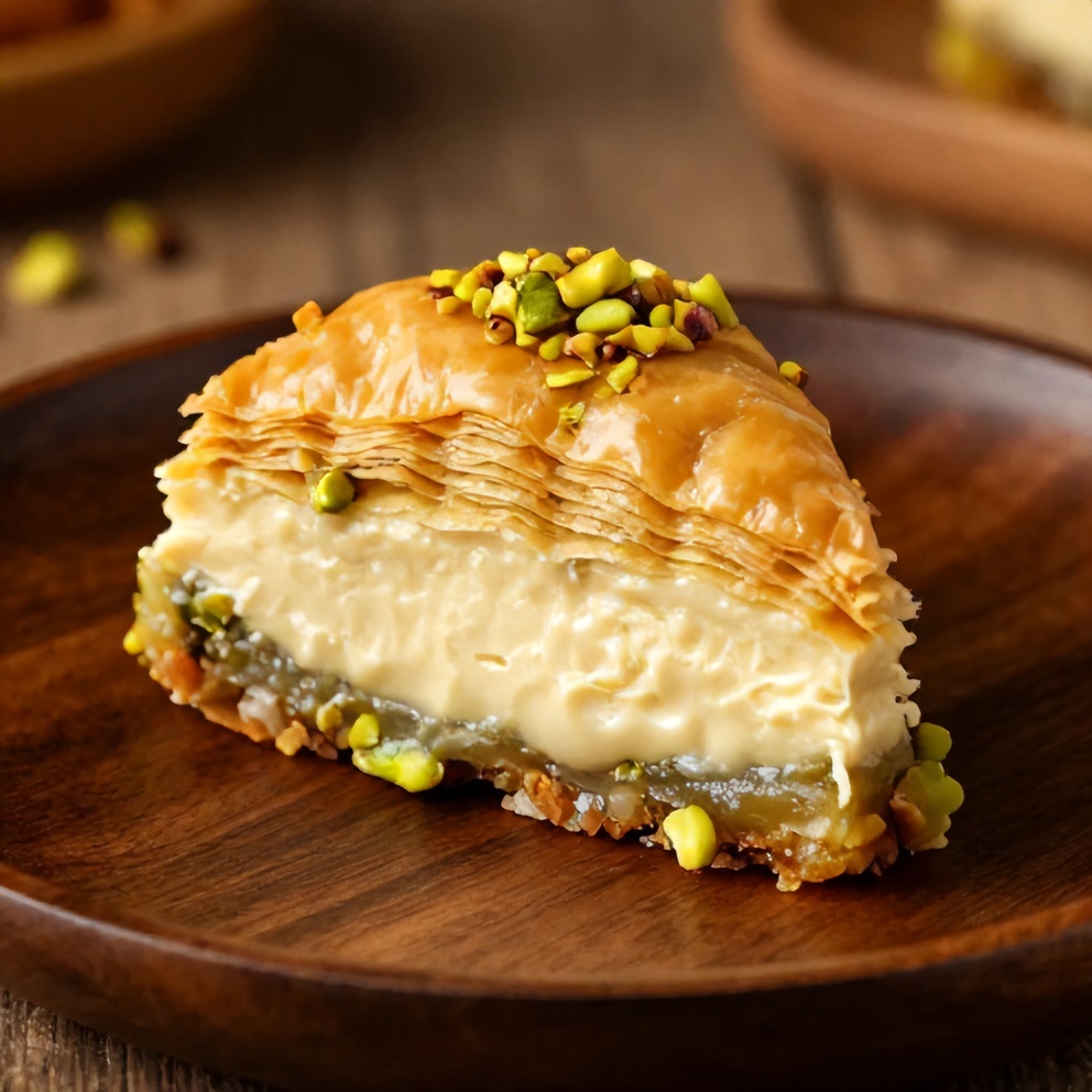 Sliced creamy pistachio baklava cheesecake on a plate