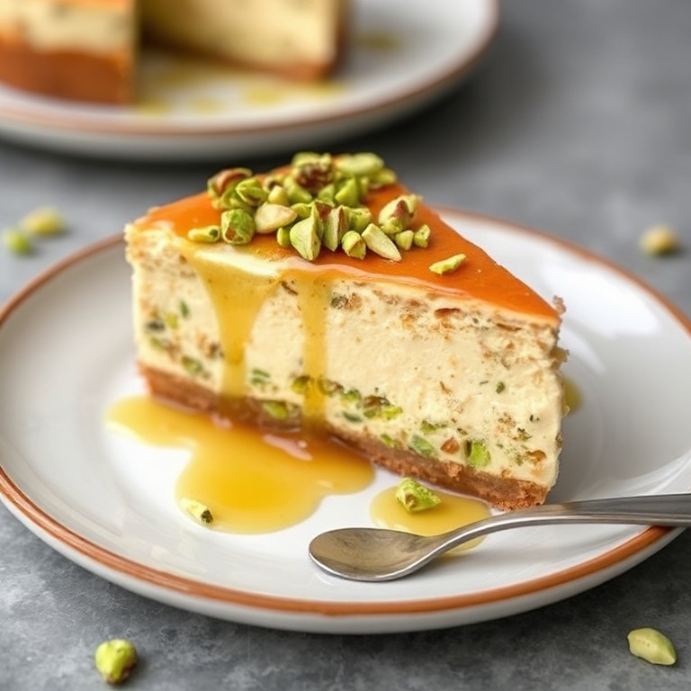 A perfectly plated slice of pistachio baklava cheesecake. Topped with crushed pistachios and a drizzle of honey.