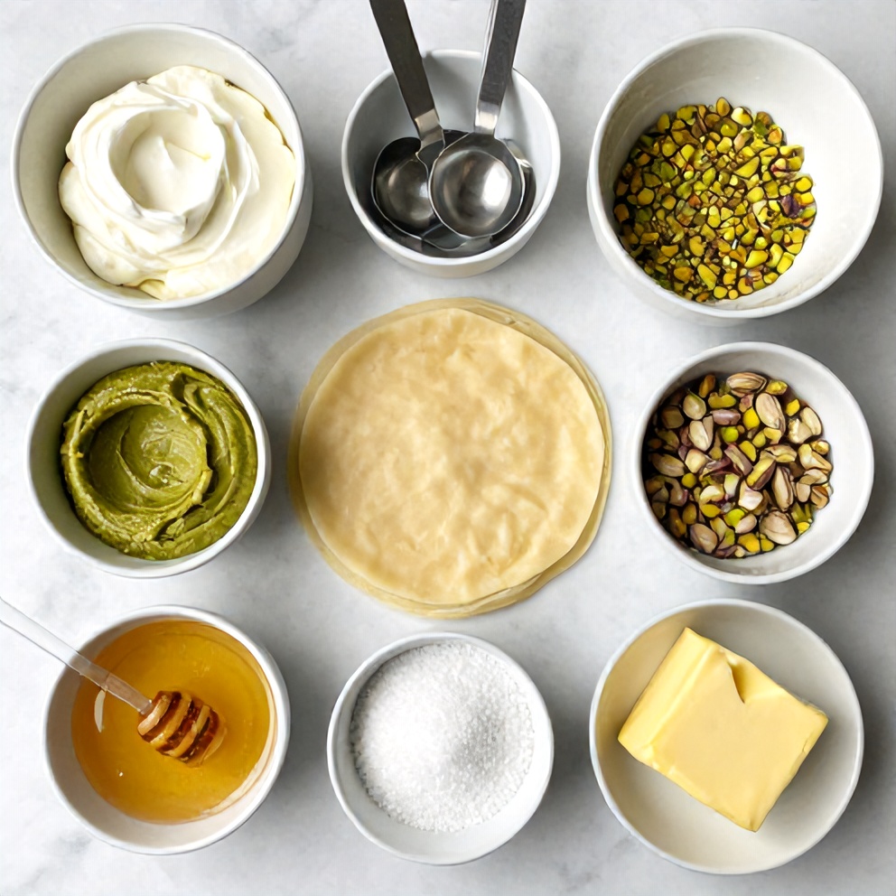 Raw ingredients for creamy pistachio baklava cheesecake