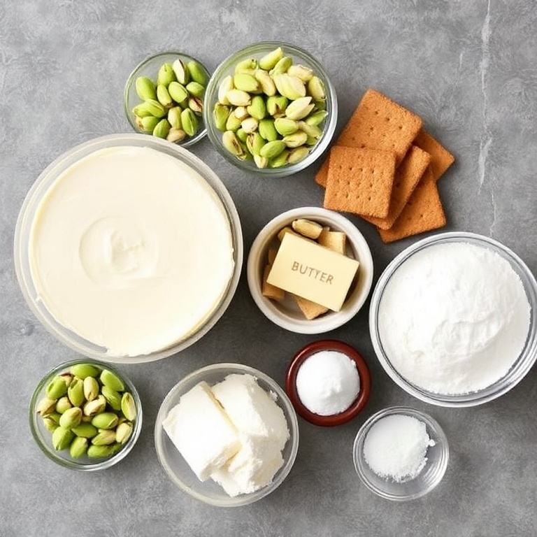 All the raw ingredients for the pistachio baklava cheesecake. Including cream cheese, pistachios, graham crackers, butter, and sugar.