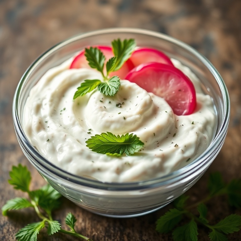 Radish tzatziki in a glass bowl. Garnished with mint. Warm side lighting showing texture. No text or watermark.