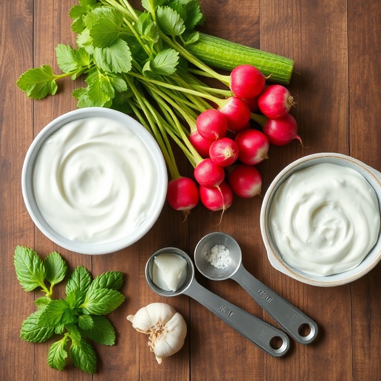 Fresh radishes, cucumber, Greek yogurt, mint, garlic. Measuring spoons and bowls on a wooden surface. Bright even light. No text or watermark.