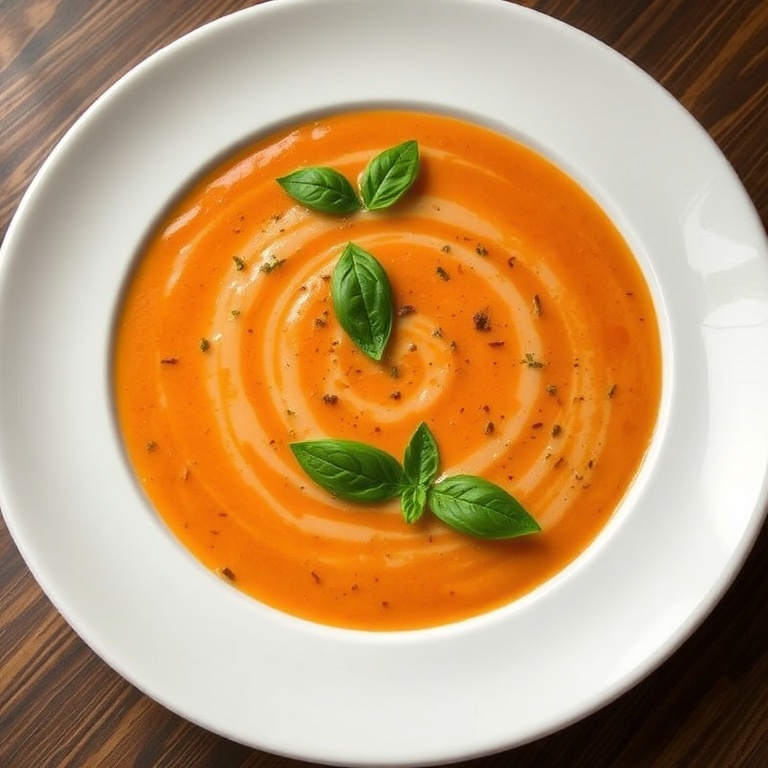 Plated creamy roasted garlic tomato soup with a sprinkle of fresh basil. White ceramic bowl with golden sauce and a drizzle of olive oil.