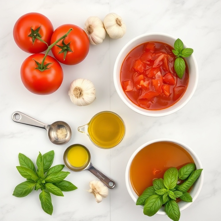 Raw ingredients for creamy roasted garlic tomato soup: tomatoes, garlic bulbs, olive oil, onions, fresh basil. Measuring spoons and bowls on a marble counter.