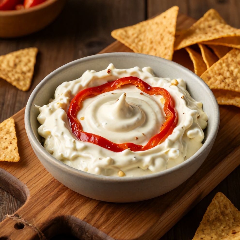 Creamy Roasted Red Pepper and Garlic Dip filling the frame, showing bubbly cheese and crispy edges, warm natural light from the left, dark wooden surface barely visible at edges, steam rising from the hot dip, photorealistic food photography.