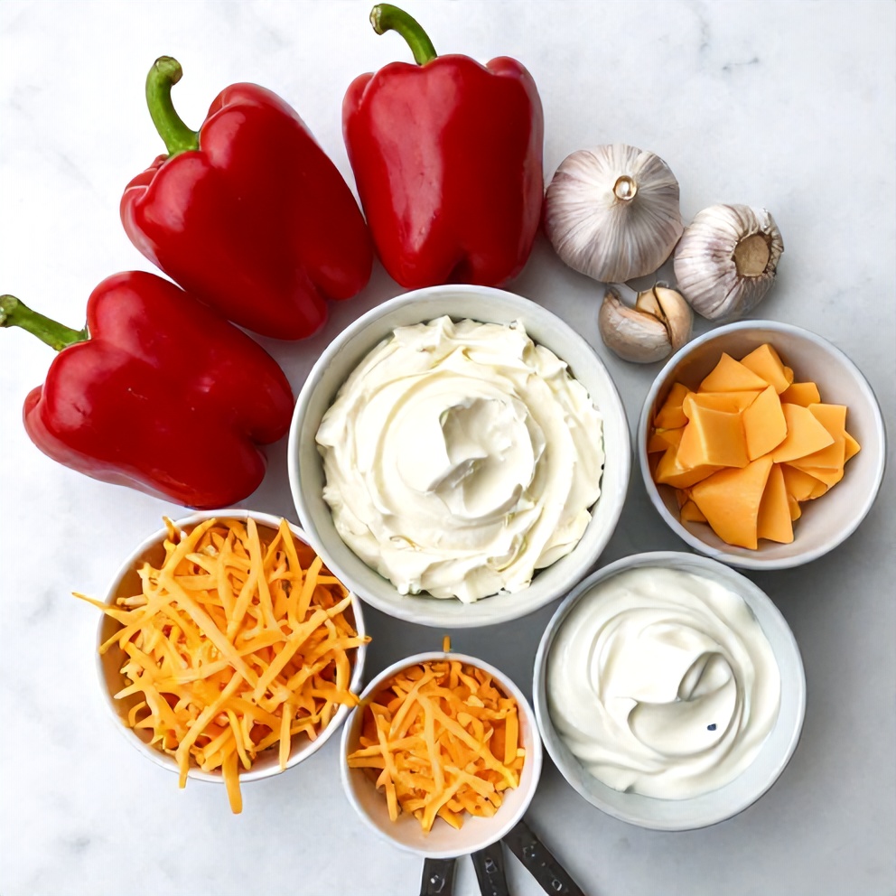 Raw ingredients for Creamy Roasted Red Pepper and Garlic Dip arranged as an overhead flat lay, including red bell peppers, garlic cloves, cream cheese, and cheddar cheese, small prep bowls and measuring spoons visible, white marble surface, bright even natural light, photorealistic overhead food photography.