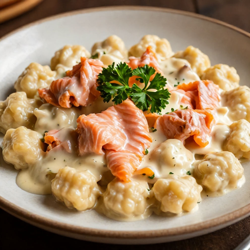 Plated serving of Creamy Smoked Salmon Gnocchi on a rustic plate, with a garnish of fresh parsley