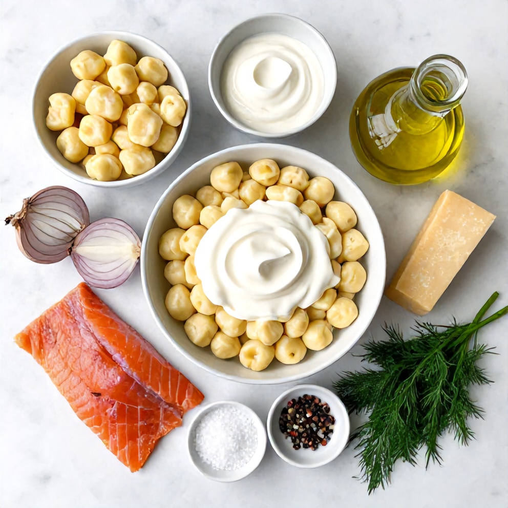 Raw ingredients for Creamy Smoked Salmon Gnocchi laid out in a flat lay, including smoked salmon, gnocchi, and heavy cream