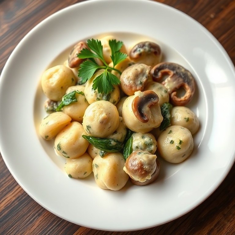 Perfect plated serving of Creamy Spinach Mushroom Gnocchi. The garnish is fresh parsley. A white ceramic plate is used. Warm side lighting shows the creamy texture. Photorealistic food photography style, no text, no watermark.
