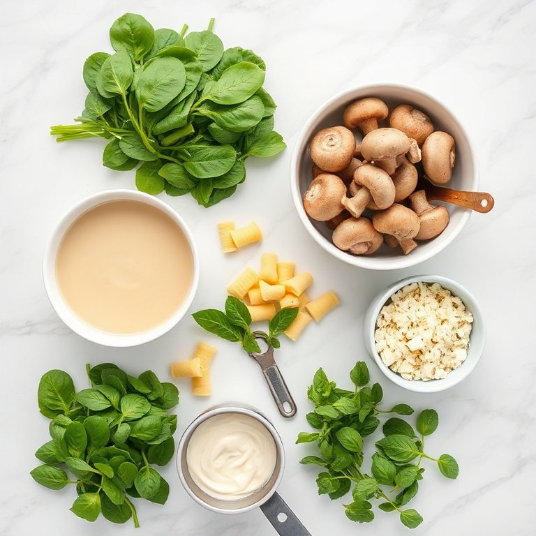 Overhead flat lay of raw ingredients for Creamy Spinach Mushroom Gnocchi. The 5 most visually prominent ingredients are fresh spinach, mushrooms, gnocchi, cream of mushroom soup, and Parmesan. Prep bowls, measuring spoons, and measuring cups are visible. A white marble surface. Bright even natural light. Photorealistic overhead food photography style, no text, no watermark.