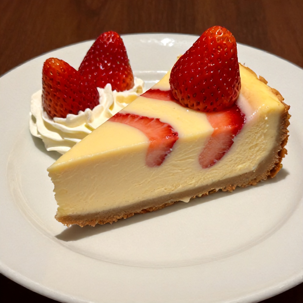 Sliced Creamy Strawberry Swirl Cheesecake on a plate with a dollop of whipped cream
