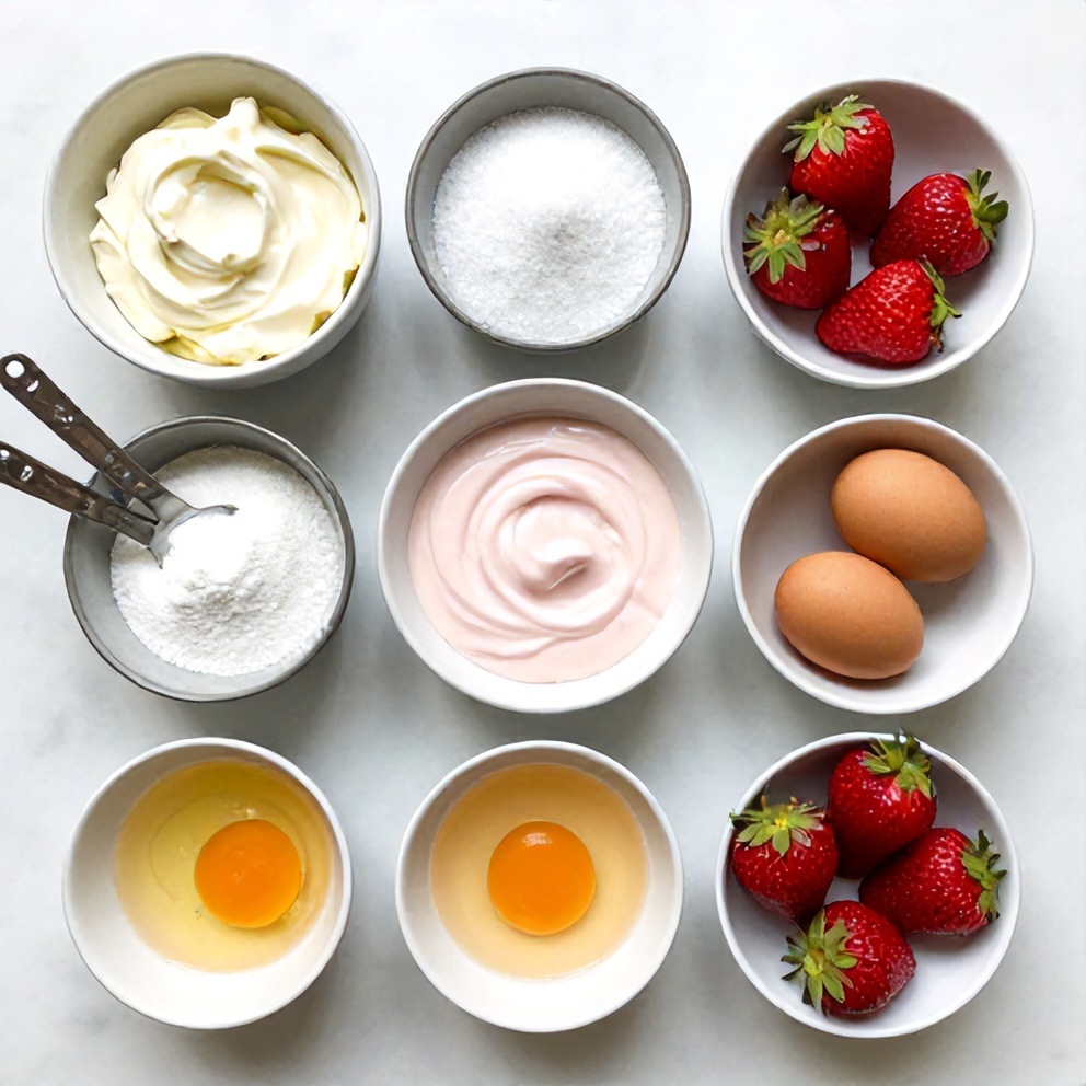 Raw ingredients for Creamy Strawberry Swirl Cheesecake including cream cheese, sugar, eggs, and fresh strawberries