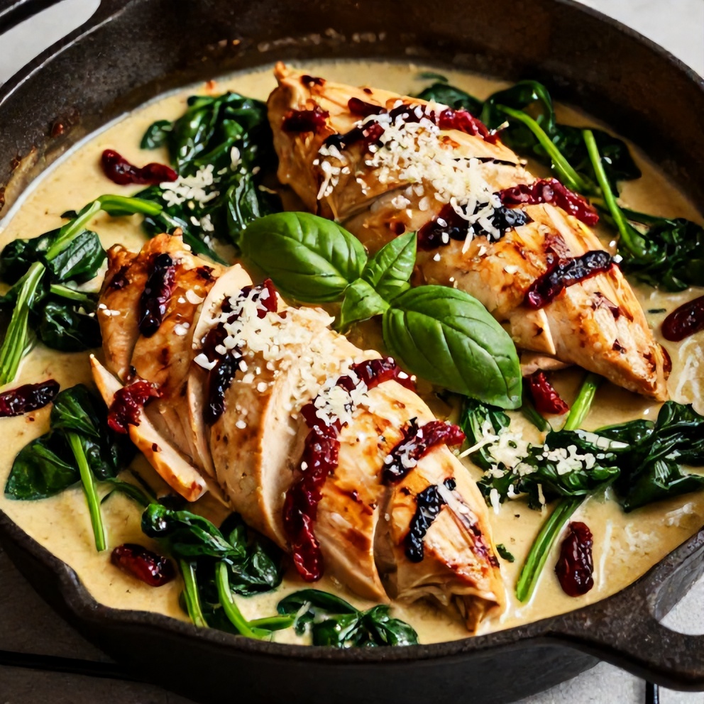Plated Creamy Sun-Dried Tomato Chicken Skillet with Spinach
