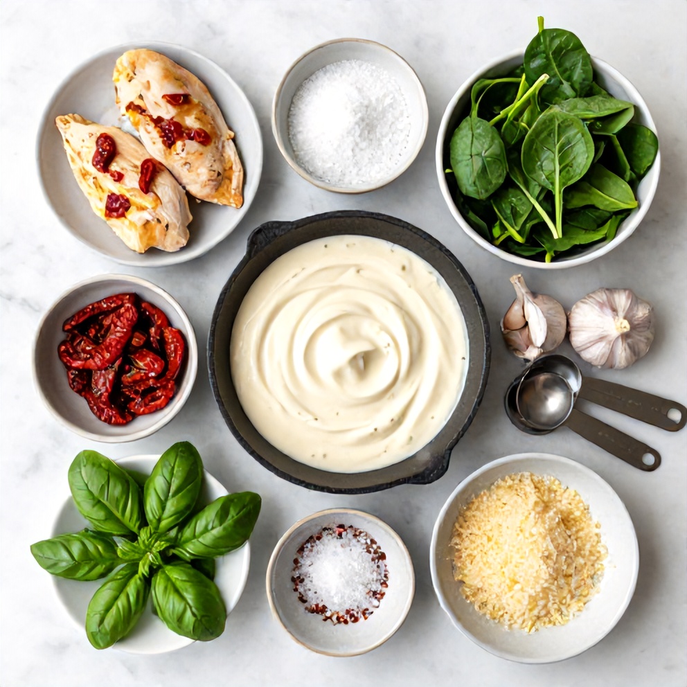Raw ingredients for Creamy Sun-Dried Tomato Chicken Skillet
