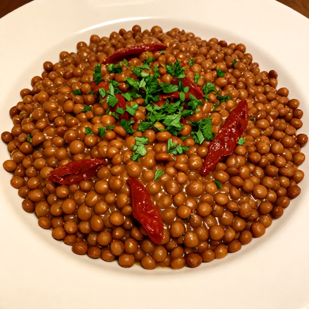 Creamy sundried tomato lentils plated, garnished with fresh parsley, on a white plate