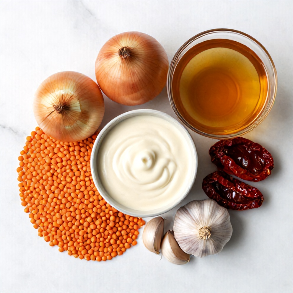 Raw ingredients for creamy sundried tomato lentils: lentils, onion, garlic, sundried tomatoes, vegetable broth, arranged on a white marble surface